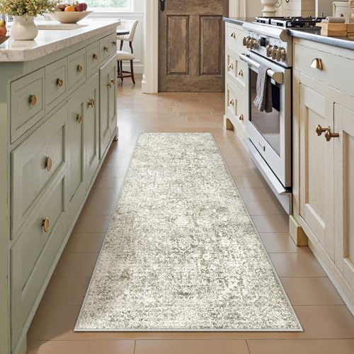 2x6 Runner Rug Washable Vintage Neutral Indoor Hallway Carpet Non Slip Taupe Bedroom Low Pile Kitchen Distressed Long Retro Accent Throw Rug for Bathroom Dining Laundry Living Room