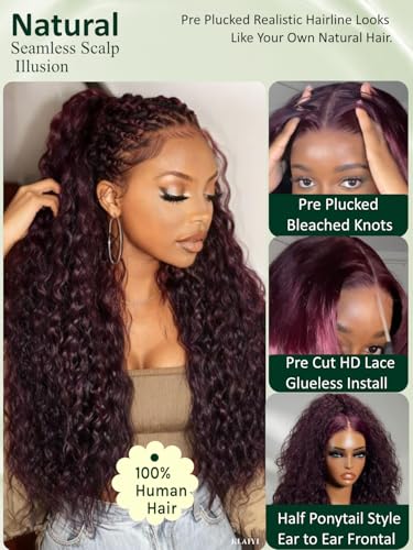 Image of KLAIYI Bye Bye Slip Black Cherry Water Wave Pre Everything Glueless 13x4 Lace Frontal Wigs Human Hair Burgundy Drawstring Curly Pre Plucked Bleached Knots 3S Ready to Wear and Go Beginner Wig 26Inch