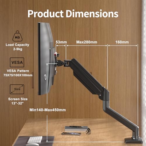 suptek Monitor Halterung für 13-32 Zoll LED LCD Bildschirm bis zu 9 kg, Monitor Arm mit Gasfeder, 360° Drehbar Höhenverstellbar Schwenkbar Neigbar, Monitorhalterung VESA 75x75/100x100 mm, MD01A