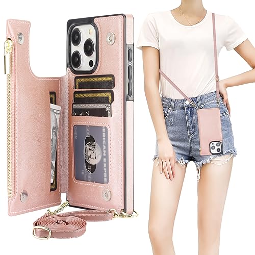 Bocasal Crossbody Wallet Case for iPhone 15 Pro Max with RFID Blocking Card Slot Holder, Magnetic Flip Folio Purse Case, PU Leather Zipper Handbag with Detachable Lanyard Strap 6.7 Inch 5G (Rose Gold)