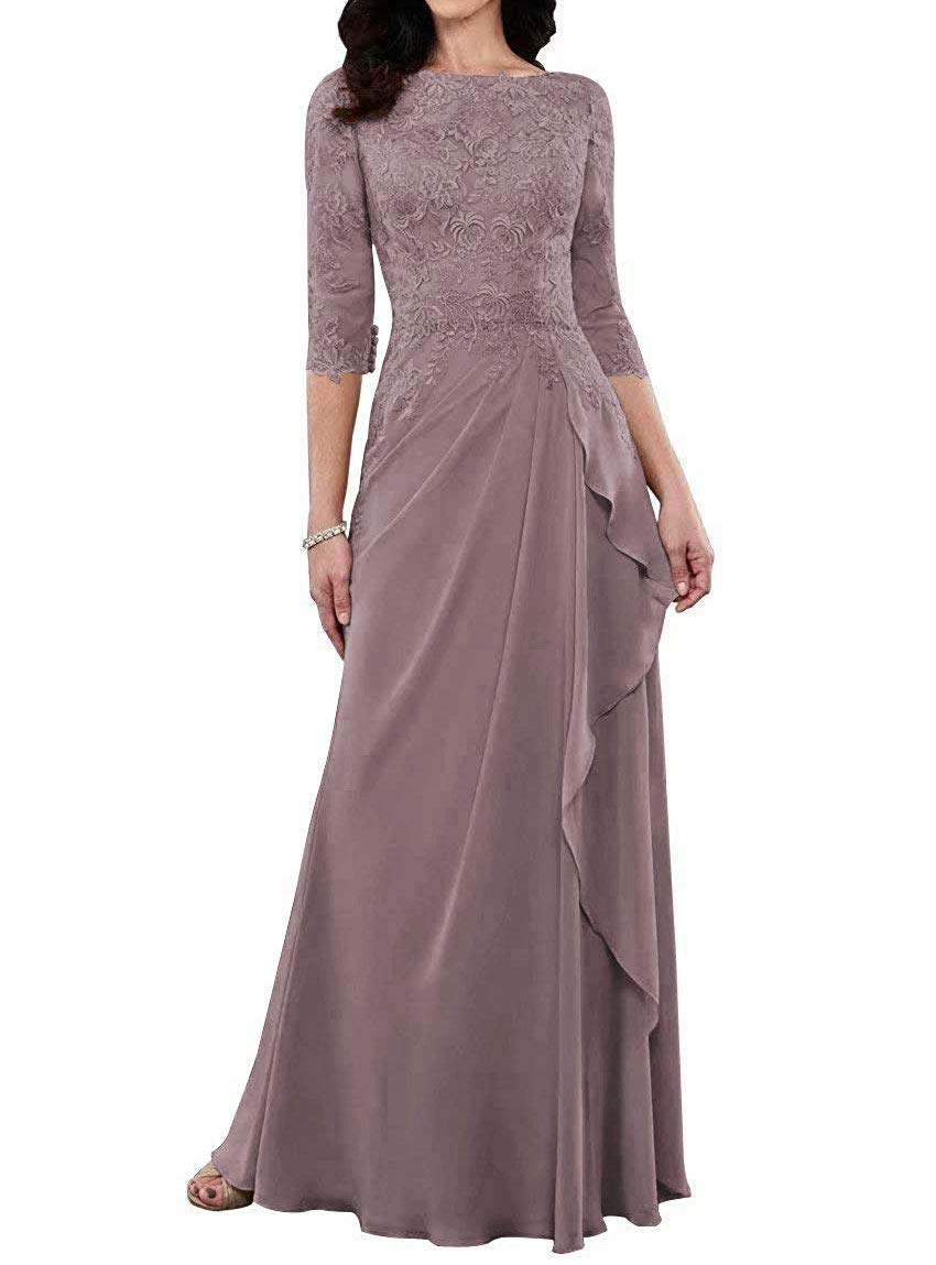 Mother of The Bride Dresses-Long Evening Formal Dress 3/4 Sleeve Lace Applique Ruffles