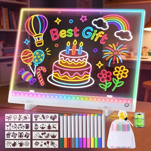 Led Drawing Board for Kids, 16.5IN Rechargeable Light Up Writing Tablet, Doodle Glow Message Board with 11 Light Effects, Birthday Kindergarten Graduation Gifts for Kids/Girls/Teens, Edge Protection