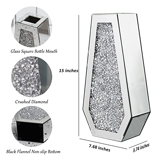 Crystal Glass Flower Vase, 15"H Luxurious Mirrored Silver Crushed Diamond Flower Vase, Stunning Crystal Modern Decorative Vase,Exquisite Geometric Large Floor Vase For Home Wedding Modern Centerpieces #TOP2
