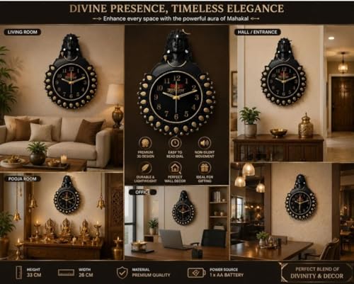 Image of Shiv Ji Mahakal Analog Wall Clock, Black Glass, Silent Movement, 33 x 24 cm, Lord Shiva Idol Design