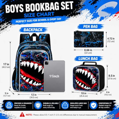 Image of 3Pcs Shark Backpack for Boys, 17 inch Kids Bookbag for Elementary Preschool Kindergarten, School Backpacks with Lunch Box (Blue)