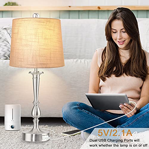 Partphoner Set Of 2 Touch Control Table Lamp With Dual Usb Charging Ports Desk Lamps, 3-Way Dimmable Modern Nickel Finish Bedside Large Table Lamps For Living Room, Bedroom #TOP3