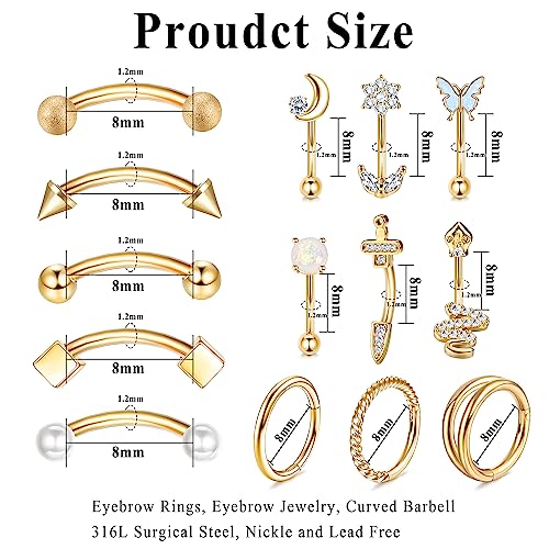ORAZIO 14 PCS Rook Piercing Jewelry Surgical Steel Eyebrow Piercing 16G Rook Earrings for Women Curved Barbells Eyebrow Rings Belly Lip Ring Cartilage Daith Helix Tragus Body Piercings2