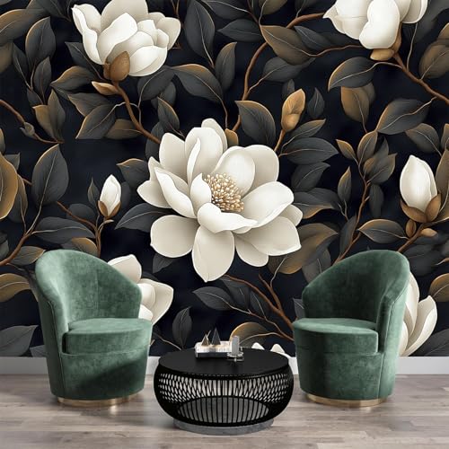 Papel Tapiz Para Sala Estar,Flores Vertical Seda 3D,Mural Pared Paisaje hojas y ramas magnolia blanca Patrón 3D, Pared Fotomural Papel Tapiz Salon Cocina 350 × 256 cm（anchura × altura