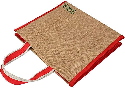 Image of DOUBLE R BAGS Big Heavy Duty Eco Reusable Jute Cloth Shopping Bag with 6 Pockets & Reinforced Handles | Grocery, Milk, Fruits & Vegetable Carry Organizer Tote | Red, 45x17x35 cm, 1 Compartment