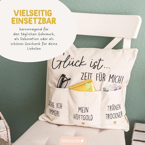 Papierdrachen Taschenkissenbezug | praktischer Kissenbezug mit Taschen | hochwertige Bestickung | Muttertag Geschenkidee | in Größe 40x40cm