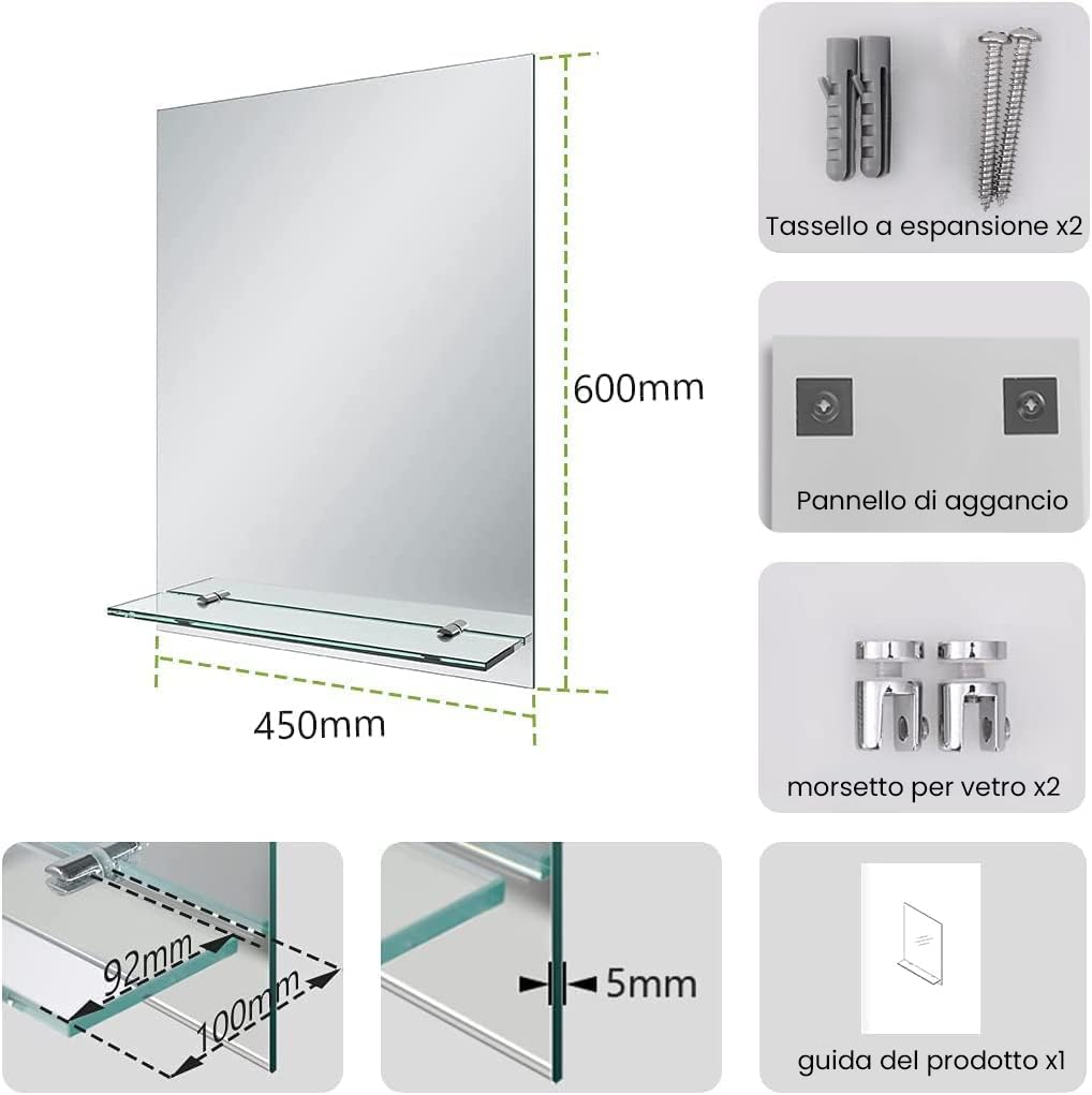 S'AFIELINA Specchio da bagno con ripiano 45x60 cm, specchio da parete con ripiano, Adatto a bagni, soggiorni, residenze studentesche, case per ospiti, ecc