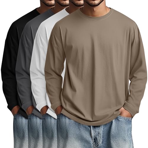 Image of August Alley 4 Pack Men's Big and Tall Cotton Shirts L-7xl, Long Sleeve Oversized Tops Loose Casual Large T-Shirts Basic Tee