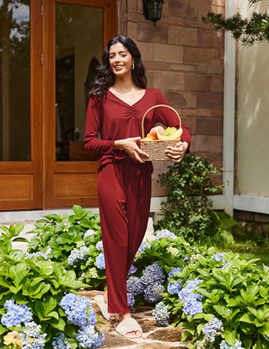 Image of Ekouaer Womens 2 Pack Pajama Set Long Sleeve Pajamas Top and Pants V Neck Pjs Set Soft Sleepwear Loungewear