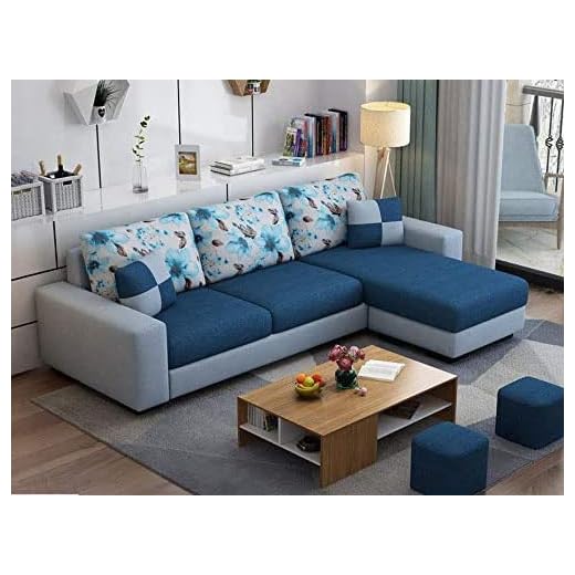Casaliving Rolando Wood 4 Seater L Shape Sofa for Living Room with 2 Puffy - (Blue Grey) RHS