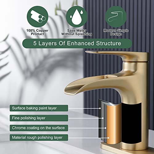 Gold Bathroom Faucets, Single Hole Bathroom Faucets Brushed Gold, Waterfall Faucet For Bathroom Sink Brass Bathroom Faucet With Pop Up Drain Rv Faucet Yardmonet #TOP5