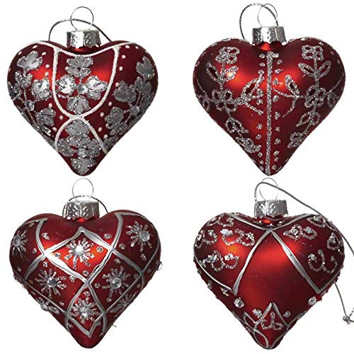 Set of 4 Red Glass Heart Christmas Decorations D687, Red,silver