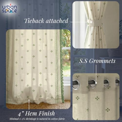 Image of Urban Space Boho Decorative Curtain for Window, 100% Cotton Curtain 5 Feet Long, 1 piece Curtain with Tassels, 60-65% Room Darkening with Tieback and Eyelets (Aaqar Sage Green, 5 Feet)