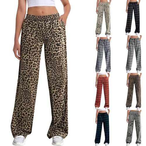 Women's Leopard Print Elastic High Waist Long Pants 2025 Gingham Cheetah Printed Wide Leg Loose Trousers with Pockets
