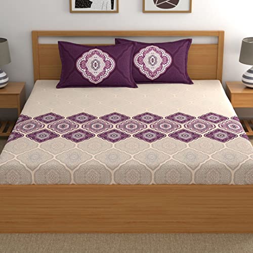 Image of Dreamscape 100% Cotton Fitted Queen Bedsheets with 2 Pillow Covers Cotton (Size 60 x 78 inches, 140TC, Colour Purple)