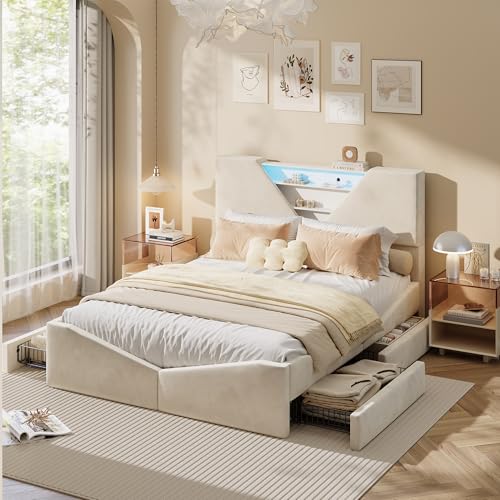 Lit Coffre 160x200 cm Capitonné avec 4 Tiroirs,Lit Rembourré avec LED,Tête de Lits avec...