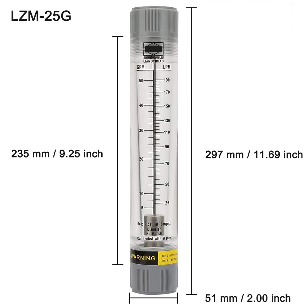 Caudalímetro líquido, LZM-25G Rotámetro tipo tubo acrílico para medir el caudal de agua, 5-35 GPM y 20-140 LPM (rosca interna de 1 pulgada)