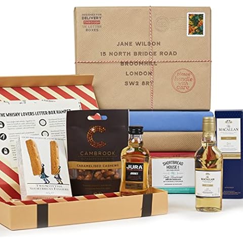Whisky Lovers Letter Box Hamper - Ideal Letterbox gift for Whisky lovers with Jura and Macallan Single Malt Whisky - Beautifully hand wrapped Cover