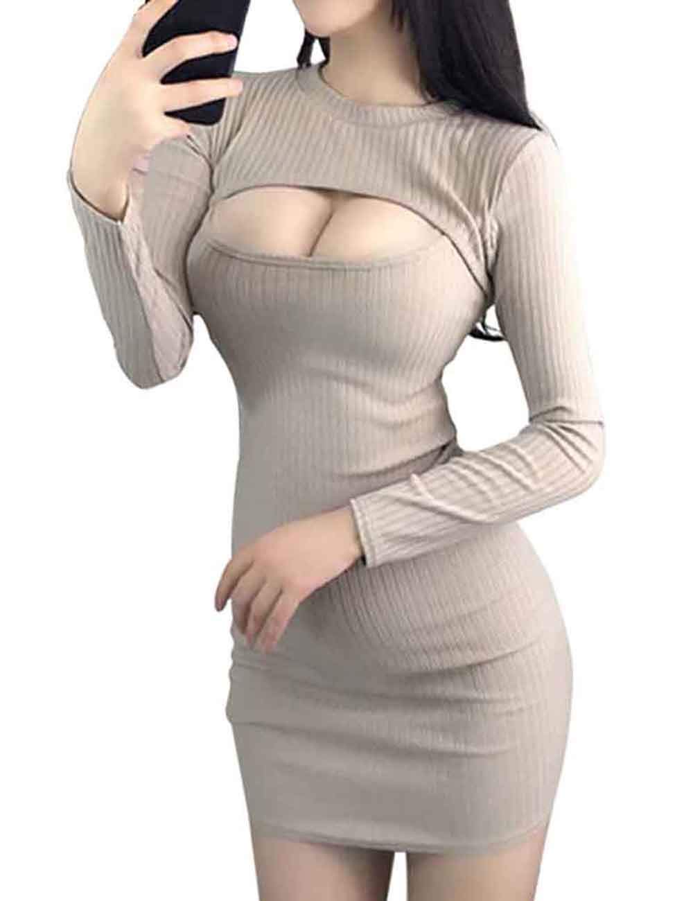 Sexy Open Bust Sweater Bodycon Dress Pull Over Crew Neck Long Sleeve Hollow Out Keyhole Mini Dress