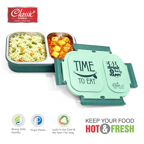 Image of Classic Steels Bento Duo Lunch Box for Kids 600ml, 2 Compartment Stainless Steel Tiffin Box, Leak Resistant, BPA Free, School Lunch Box - Green