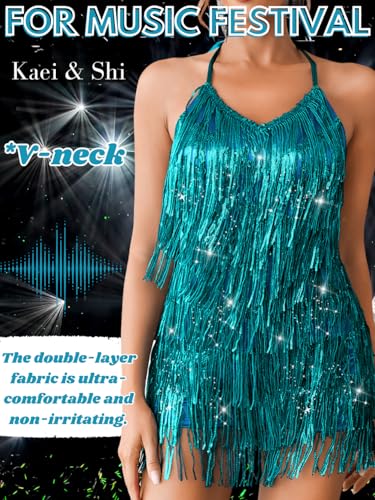 Image of Kaei&Shi Sequin Fringe Romper,Sparkly Glitter Metallic Jumpsuits For Women,Backless Shorts Dress Disco Birthday Dance Outfit