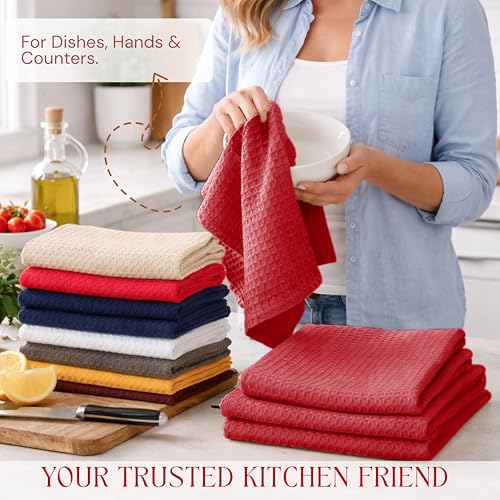 Image of Red Waffle Kitchen Towels, 100% Cotton, Quick Dry, Super Absorbent, Soft, Lint-Free, 16x26 Inches, with Hanging Loop - Ideal for Dish Drying, Bar, Tea, Cleaning & Everyday Use, 4 Pack