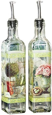 CEDAR HOME Olive Oil Bottle Set Glass Dispenser Vinegar Cruet 17oz. with Stainless Steel Leak Proof Pourer Spout for Cooking or Salad Dressing, 2 Pack, Green