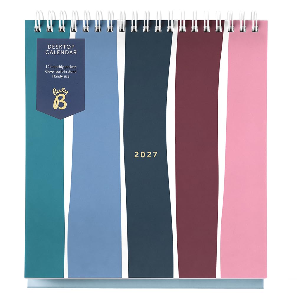 Busy B 2027 Desk Calendar - Multi Stripe - Stand, Flip-Top & Pockets
