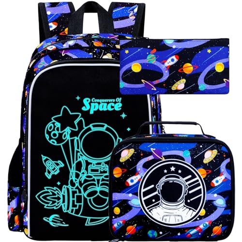 UFNDC Mochila infantil com 3 peças, luminosa com lancheira, mochila escolar resistente à água de 43 cm para adolescentes do ensino fundamental e médio, Nova estampa luminosa foguete astronauta azul,
