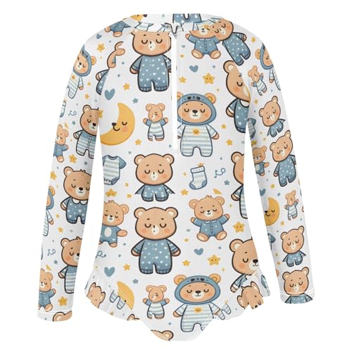 Sleeping Teddy Bear Girls Long Sleeve Swimsuit Rash Guard One Piece Bathing Suits Zipper 3-12T2