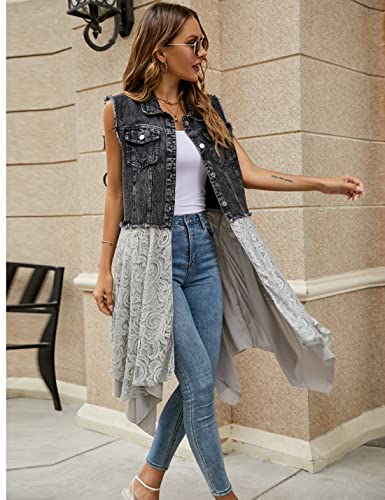 Qibabu Mid Long Denim Vest For Women Lace Crochet Patchwork Sleeveless Distressed Jean Jacket (0986-Black-Xl-Qb) #TOP2