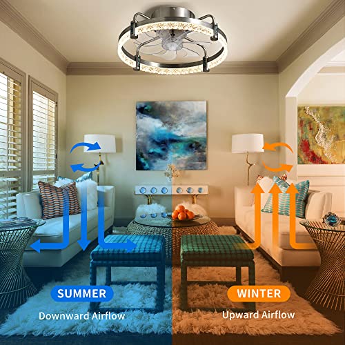DWVO Ceiling Fan with Lights 20", Low Profile Flush Mount Ceiling Fan, Enclosed Bladeless Fan with Quiet Reversible DC Motor, 6 Speeds, for Bedroom,Living Room Kitchen, Indoor, Brushed Nickel