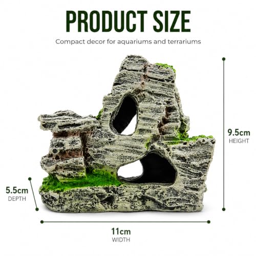 Image of Resin Aquarium Mountain Decor with Moss Rock Cave - Multi-Level Terrain for Fish Tank Landscaping, Natural-Looking Rockery Design with Hidden Cave and Crevices for Shrimp, Reptile Habitat Aquascaping