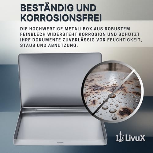 LivuX 2x DIN A4 Metall Dokumenten Aufbewahrungsbox mit Klappdeckel – L31 x B22 x H2,25 cm, stabile Flache Blech-Dose für Fotos, Schutzbox für Urkunden & Unterlagen, Rostfrei, stapelbar, langlebig 1002