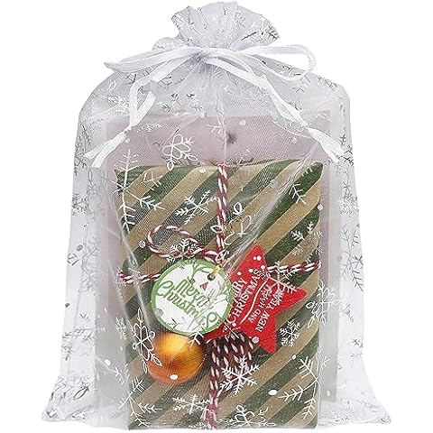 Jexila 50 Pack Christmas Organza Bags 8X12 inch Snowflake Large Christmas Mesh Drawstring Gift Bag for Packing Party Favor Goodie Candy Treat Bags Cover