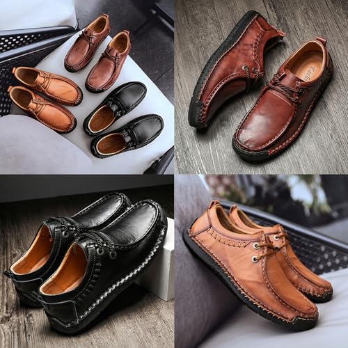 Men's Leather Lace-up Casual Shoes,Vintage Comfort Hand-Stitching Non-Slip Softsole Travel Work Dress Driving Loafers3