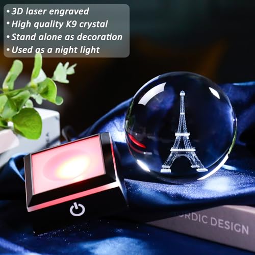 Image of 3D Crystal Ball Paris Eiffel Tower Snow Globe Decor Gifts for Women Men Adults with LED Base Lamp Souvenirs Xmas Ornament Unique Paris Stuff Glass Snowglobes for Christmas Birthday