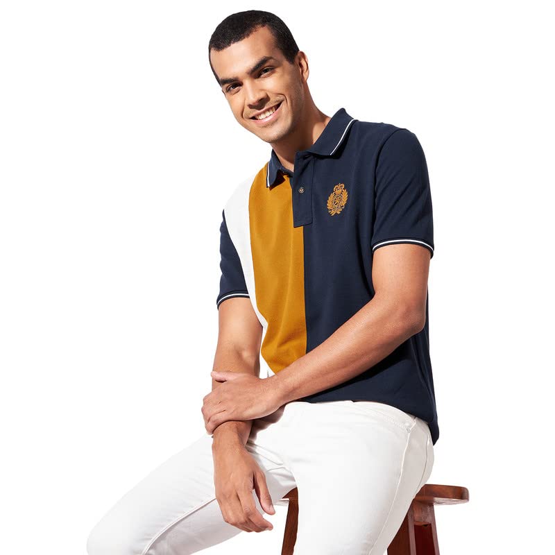 Image of FAHRENHEIT Men's Regular Poly Cotton Vertical Stripes Colourblock Pique Polo T-Shirt