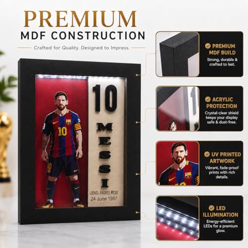 Image of 10 Messi Jersey Shadow Box Frame with LED Light | Football Fan Gift for Tabletop & Shelf Decor | Sports Display Box for Gaming Room, Bedroom & Office | 9 x 7 Inch (#10 Edition)