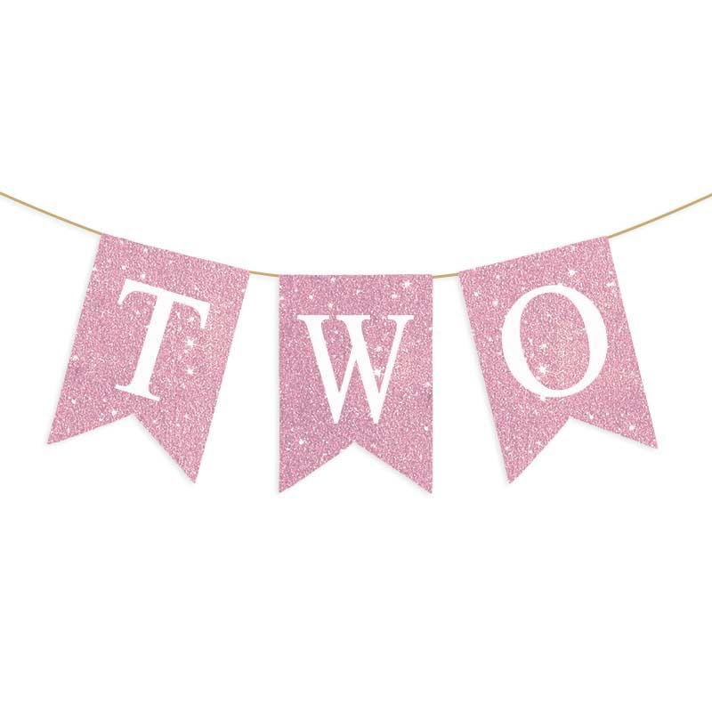 Pre-Strung Two Banner Pink Glitter High Chair Banner for Kids 2nd Birthday Decorations Two Years Old Baby Girl Birthday Sign Anniversary Party Decor