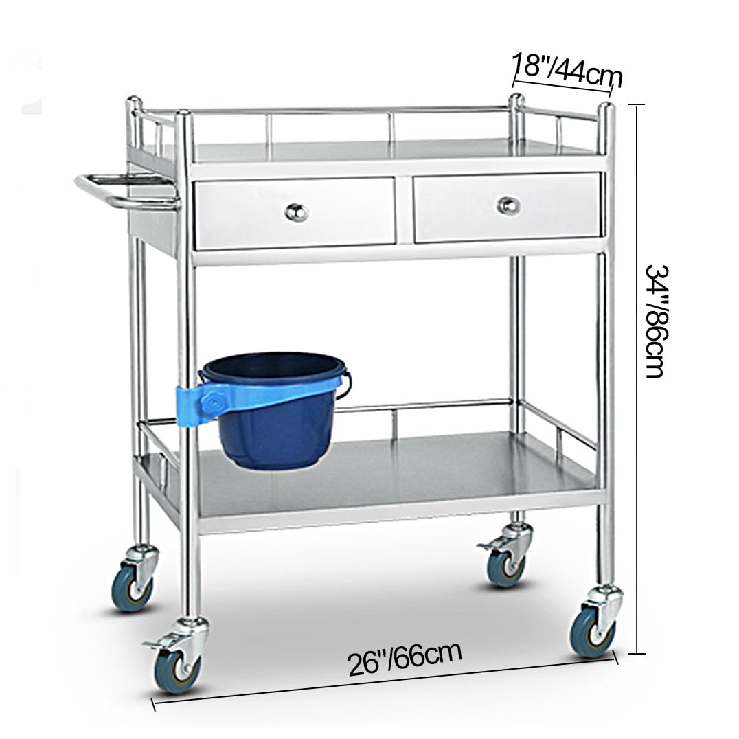 Lab Rolling Cart, Trolley Cart, Medical Utility Cart, 3 Shelves Shelf Stainless Steel Rolling Cart, Catering Dental Clinic Utility Cart with Dirt Bucket, 2 Drawer (Color : 2 Layer, Size : L 26