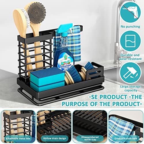 Tonsooze Sink Organizer Sink Caddy Organizer Organizer do kuchni ze stali nierdzewnej Sink Sink Organizer Wąskie naczynie Organizer na mydło z miską odpływową do organizera gąbki kuchennej Czarny