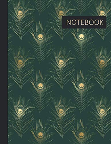 Notebook: Green & Gold Peacock Feather Print Elegant Cover Design College Ruled Lined Notebook For Writing and Composition