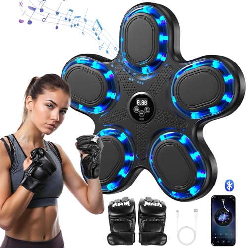 Smart Bluetooth music boxing machine with illuminated pads, featuring a woman in boxing gloves preparing to use the device, emphasizing innovative fitness technology for engaging workouts.