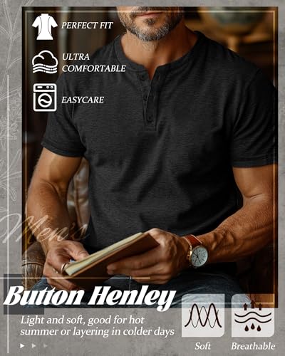 Huukeay 3 Pack Men's Big & Tall Henley Short Sleeve Shirts, Cotton Crew Neck Casual Button T-Shirts Summer Basic Tees Tops3