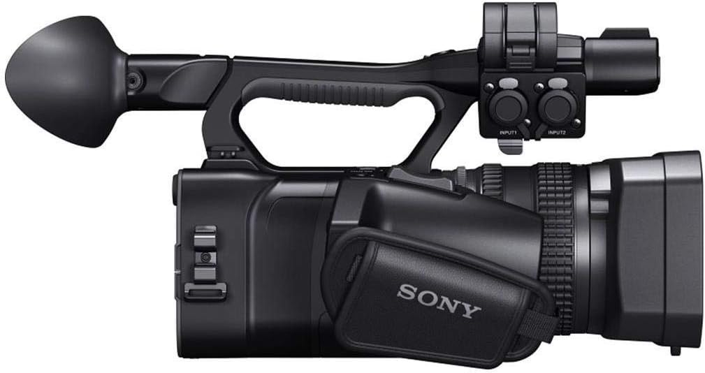 Sony HXR-NX100 Camcorder, right side view with LCD monitor open